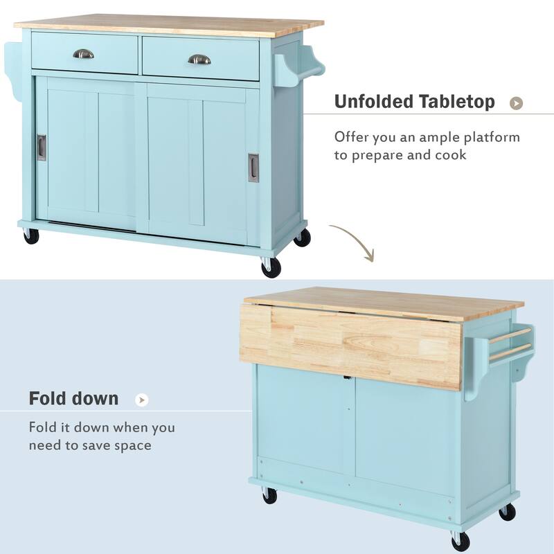 Rolling Kitchen Island with Drop-Leaf Countertop, Adjustable Shelves, 2 Drawers & Sliding Barn Door - Mint Green