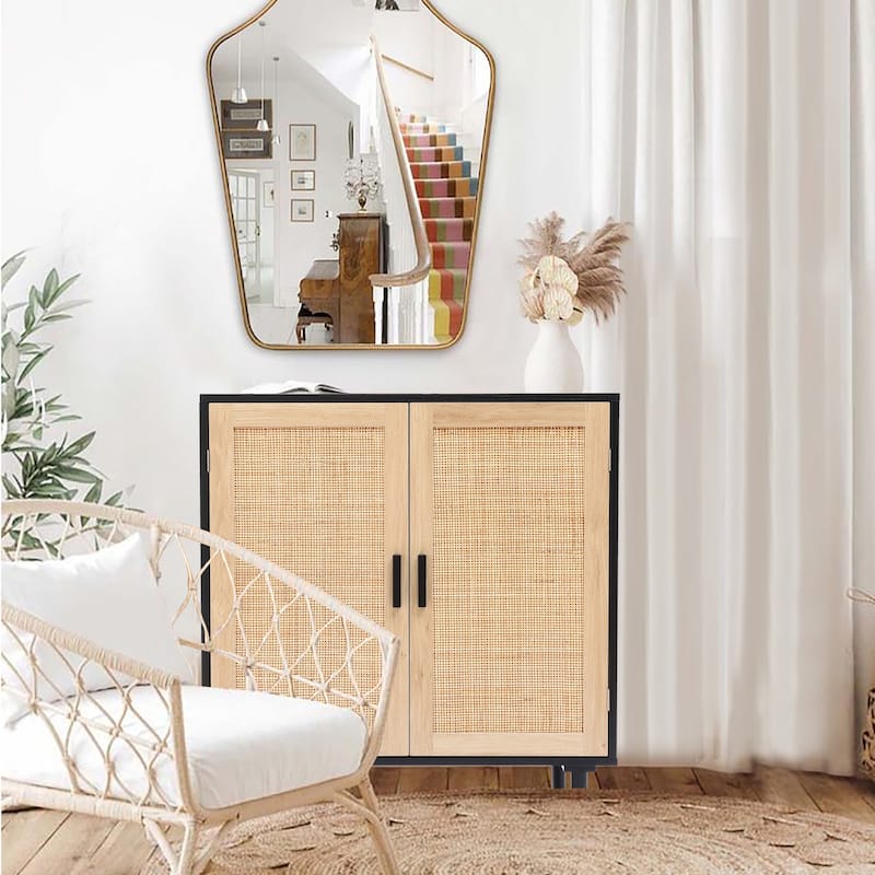 2-Door Rattan Storage Cabinet-Light Oak and Black Wood