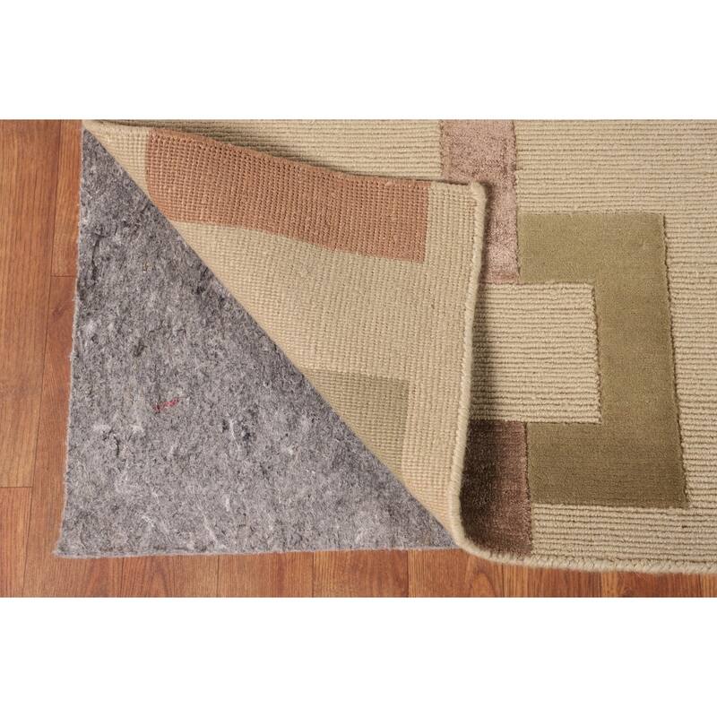 Geometric Beige Nepalese Oriental Area Rug Hand-Knotted Wool Carpet - 9'1" x 12'1"