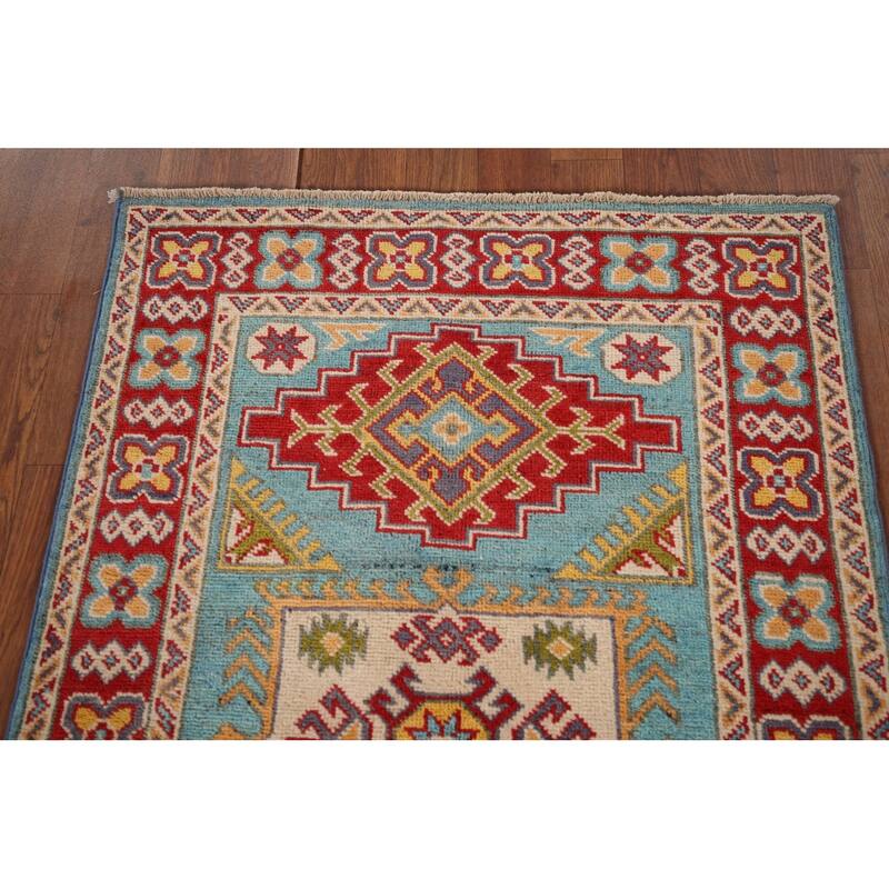 Geometric Blue Kazak Oriental Accent Rug Hand-Knotted Wool Carpet - 2'8" x 3'10"