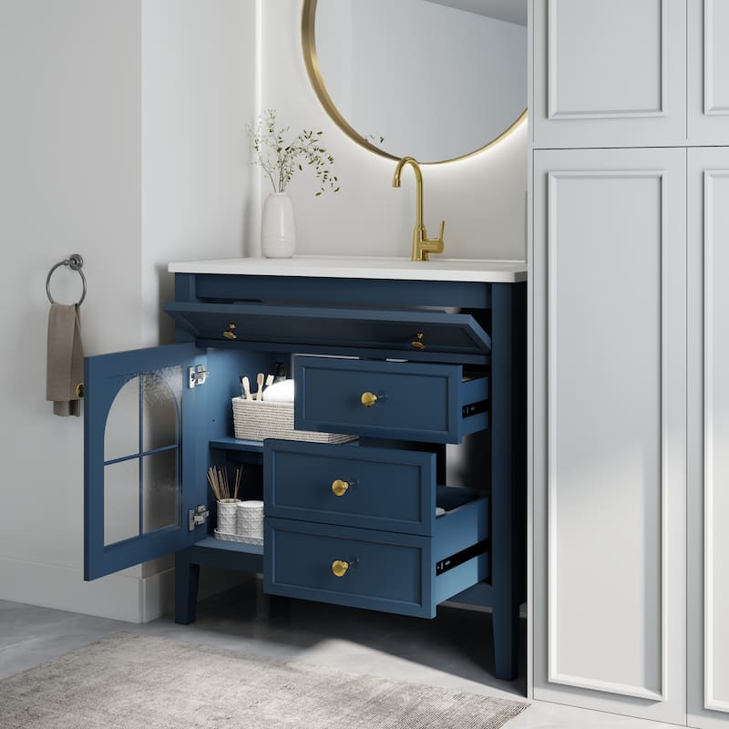 35.6" Mid-Century Bathroom Vanity Sink with Patterned Glass & Motion-sensor Light Strip, Freestanding