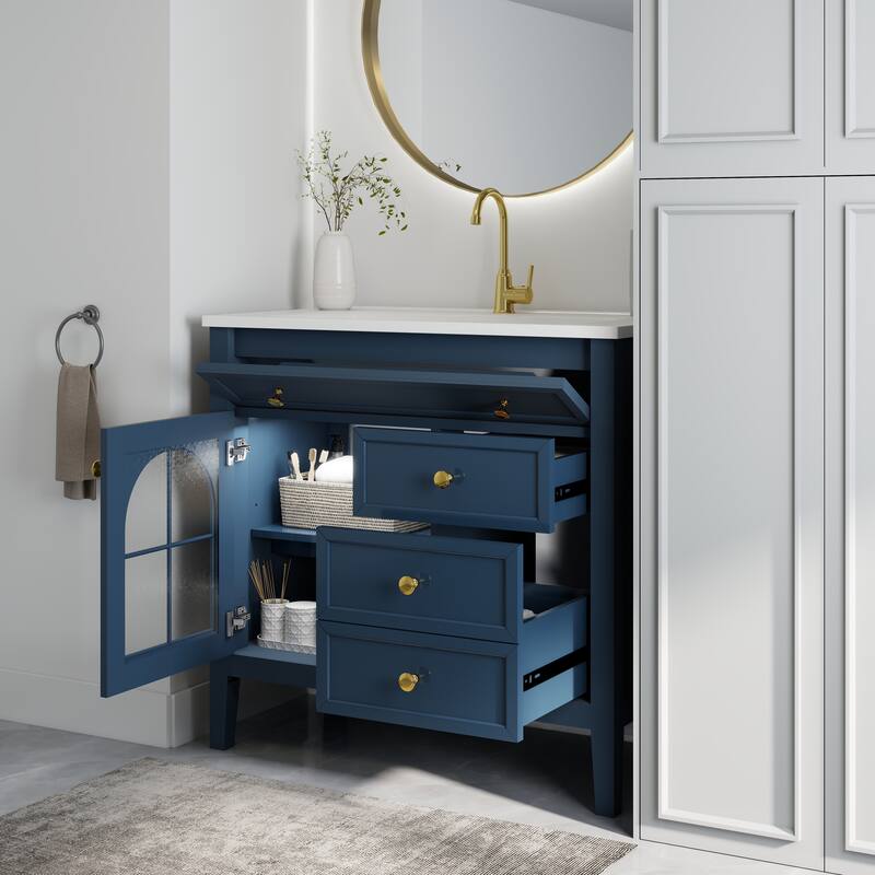 Freestanding 36" Bathroom Vanity Sink Cabinet with Motion-sensor Light Strip, Patterned Glass & Drawers