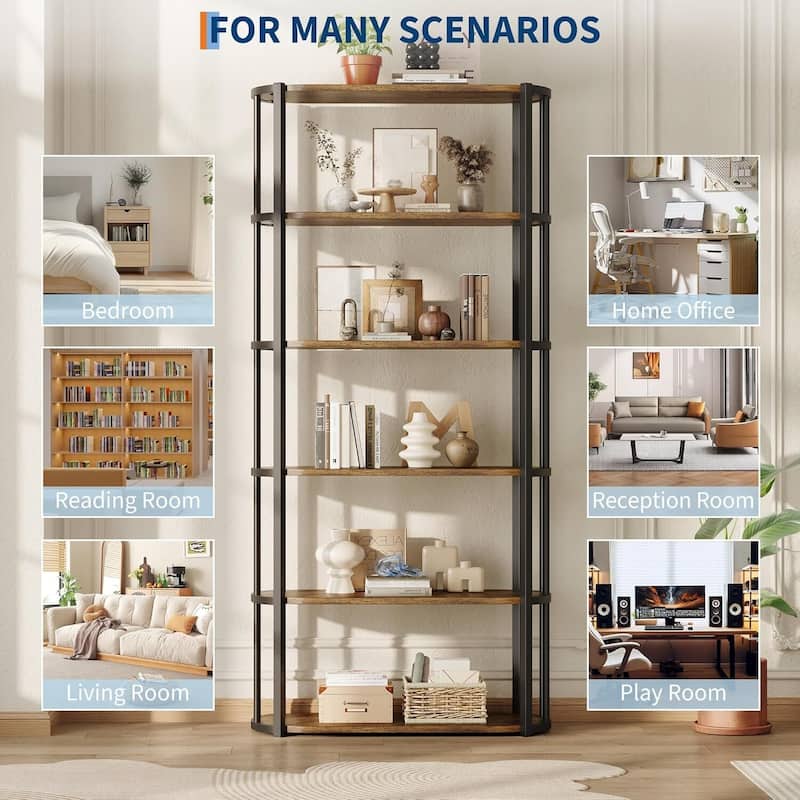 6 Tier Freestanding Open Storage Industrial Bookshelf, Bookcase for Bedroom, Living Room
