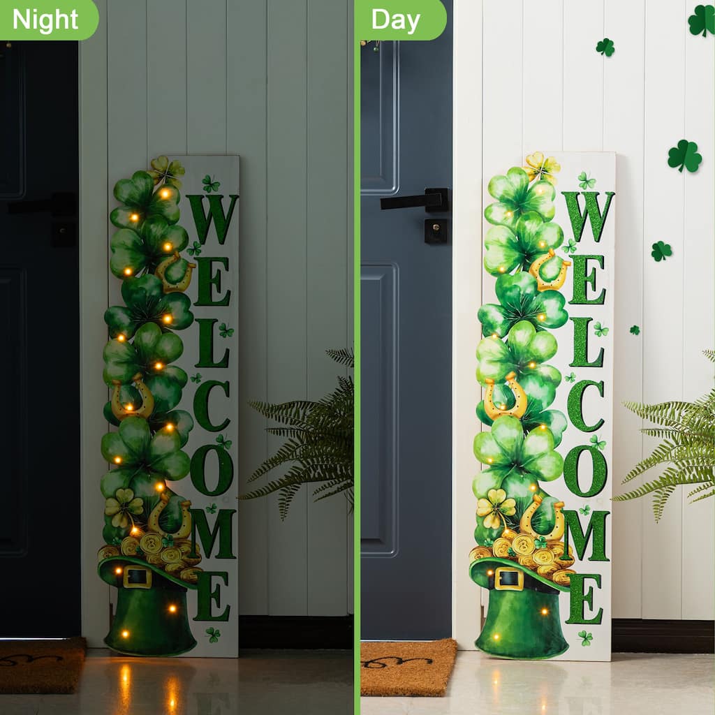 Glitzhome 42"H St. Patrick's Lighted Wooden Stacked Shamrock Porch Decor with Timer