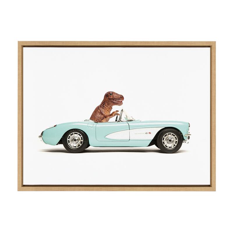 Kate and Laurel Sylvie T Rex Driving 1957 Aqua Chevy Framed Canvas by Saint and Sailor Studios