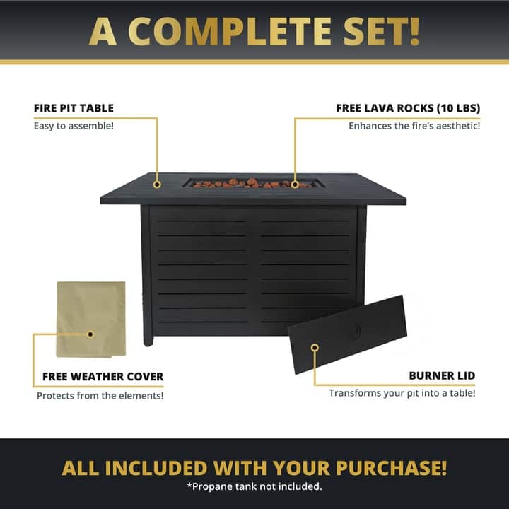 Kinger Home Ore Black 42-Inch Rectangle Fire Pit Table with Lava Rocks