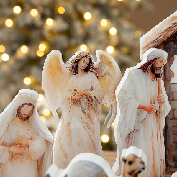 Glitzhome 13 Piece Christmas Wooden & Resin Nativity Figurine Set
