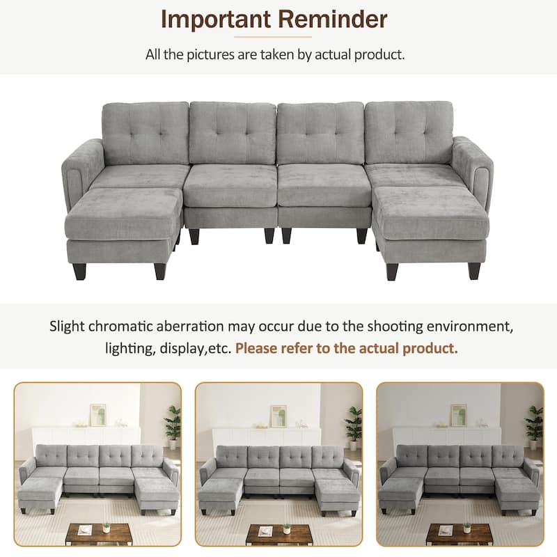 115" U-Shaped Sectional Couch, 6 Seat Upholstered Deep Seat Sofa with Movable Ottomans, USB Ports and Side Tables