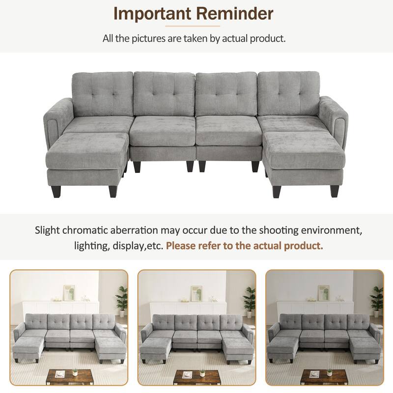 Roomfitters 115 Inch U-Shaped Sectional Sofa with 2 Ottomans and Foldable Side Tables, Chenille