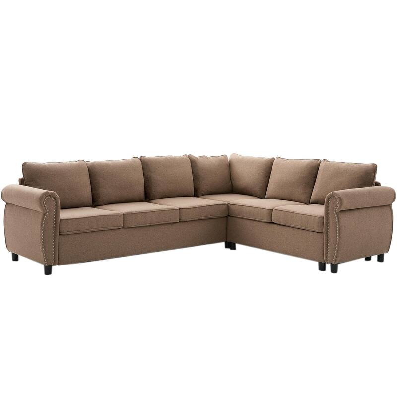2 in 1 Pull Out 6 Seater L Shaped Sleeper Sectional Sofa Bed, 104" Brown