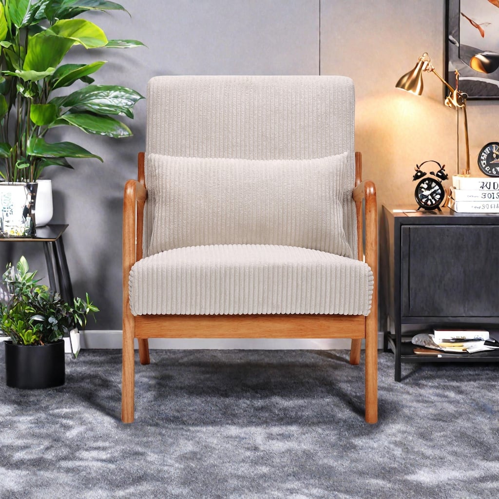 Polyester Mid-Century Modern Accent Chair with Solid Rubberwood Frame, Ergonomic Design, and Removable Pillow