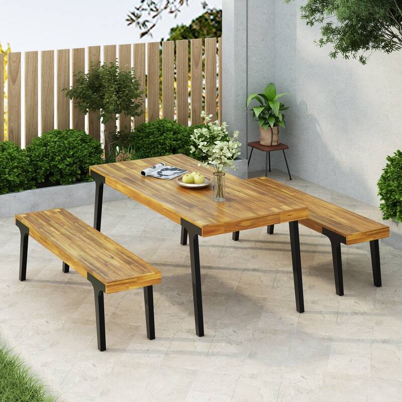 Modern Acacia Wood Dining Set with Table and 2 Slat Panel Benches