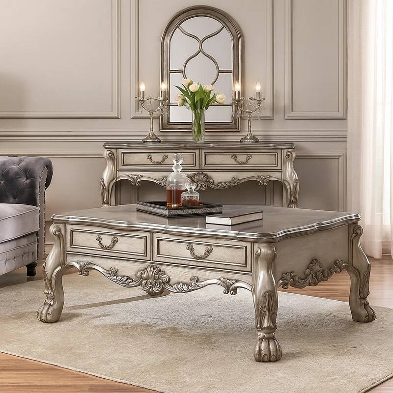 2 Drawers Wooden Coffee Table with Oversized Claw Legs, Antique Silver