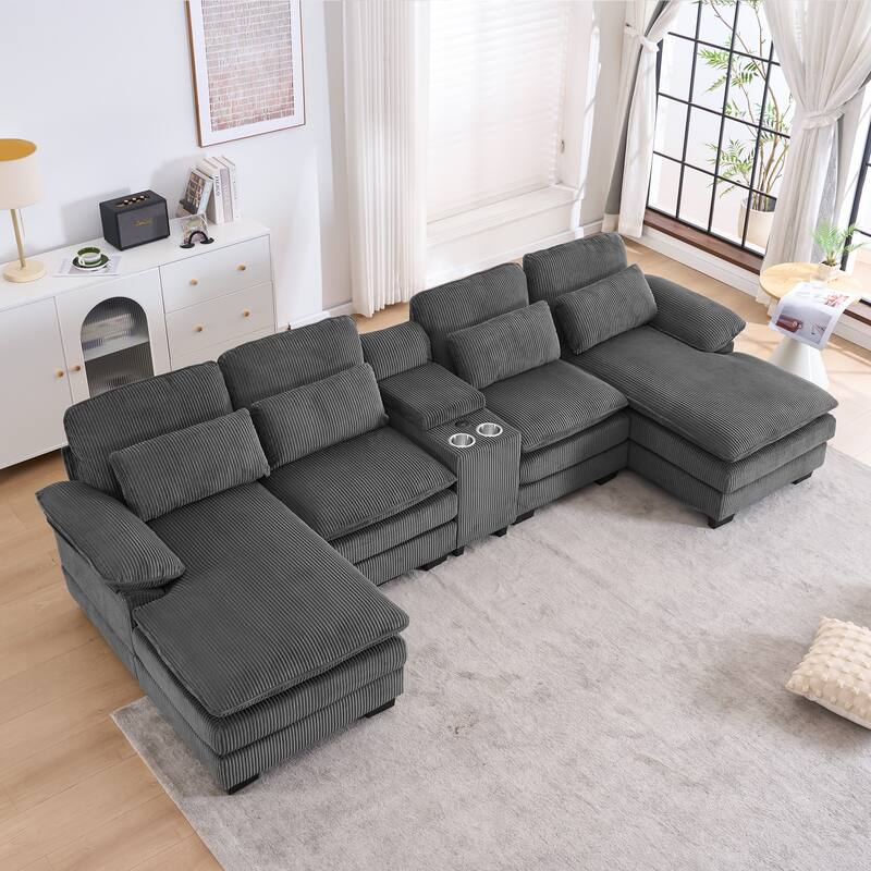 124" Modern Modular Sofa with Double Recliner and USB Port with Center Console