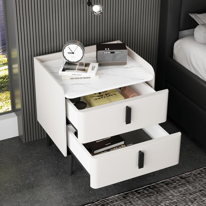 Nightstand with 2 Drawers and Marble-Pattern Tabletop