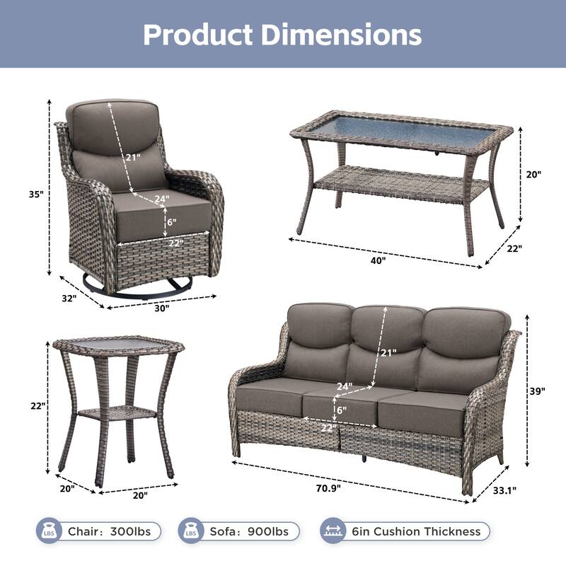 Meyreso 7-Piece Wicker Patio Conversation Set with Swivel Gliders and 6-Inch Thick Cushions