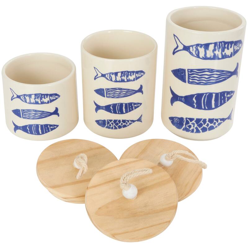Cream or Blue Ceramic Canisters with Brown Wood Lids and Beaded Accents (Set of 3)