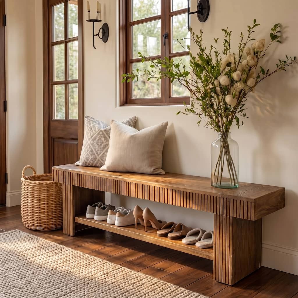 71 Inch Solid Wood Entryway Bench with Storage Shelf, Fluted Shoe Bench, Long Console Bench for Hallway Bedroom Living Room