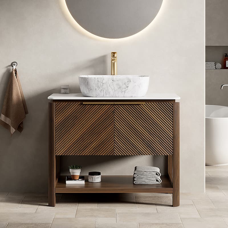 Freestanding Bathroom Vanity in Dark Walnut with Vessel Ceramic Basin - 35.83'' x 19.69'' x 34.65''