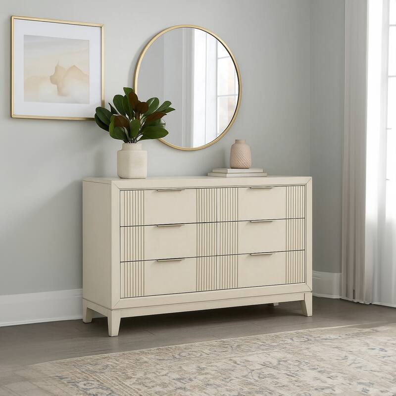 Toi Wide Dresser, 6 Drawers, Antique White Finished Solid Wood