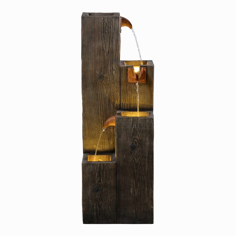 LED Lighted Cascading Wooden Textured Outdoor Garden Water Fountain - 33.75"