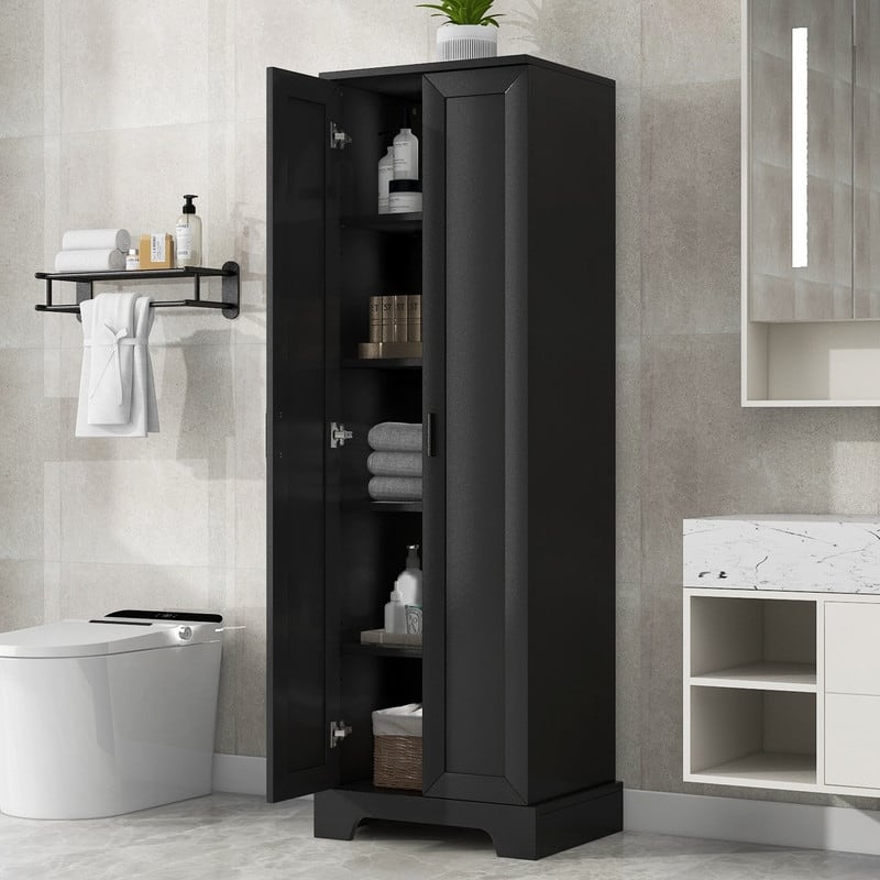 Storage Cabinet with Two Doors for Bathroom, Office, Adjustable Shelf, MDF Board - Black