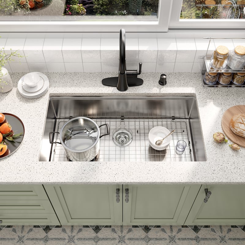 Undermount Nano Brushed Stainless Steel Workstation Kitchen Sink with Sensor-Activated Kitchen Faucet and Accessories
