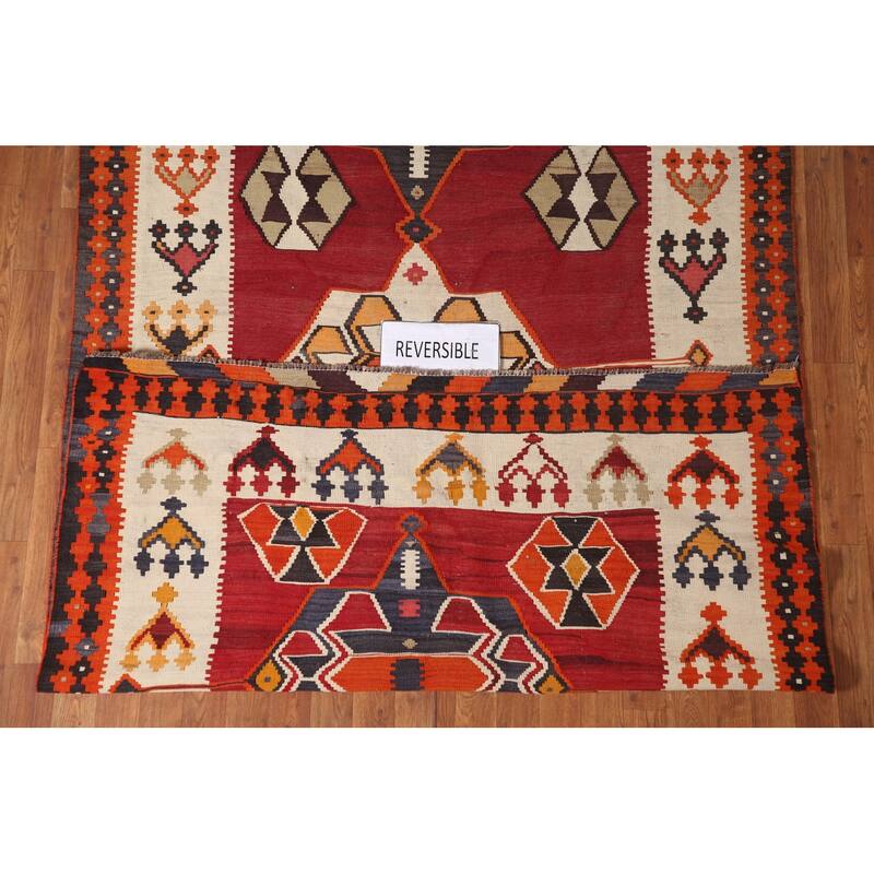 Red Kilim Qashqai Persian Vintage Rug Flatweave Wool Carpet - 5'1" x 9'11"