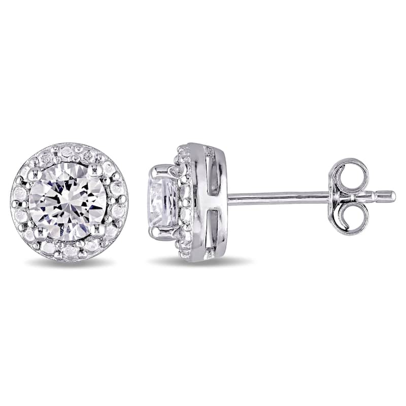 Miadora Sterling Silver Created White Sapphire Halo Stud Earrings