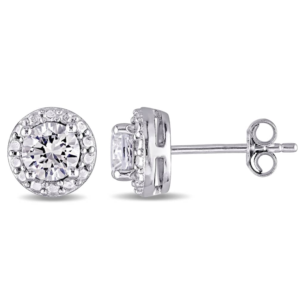 Miadora Sterling Silver Created White Sapphire Halo Stud Earrings