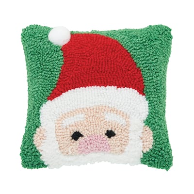 8" x 8" Christmas Peek-A-Boo Santa on Green Background Petite Accent Hooked Throw Pillow