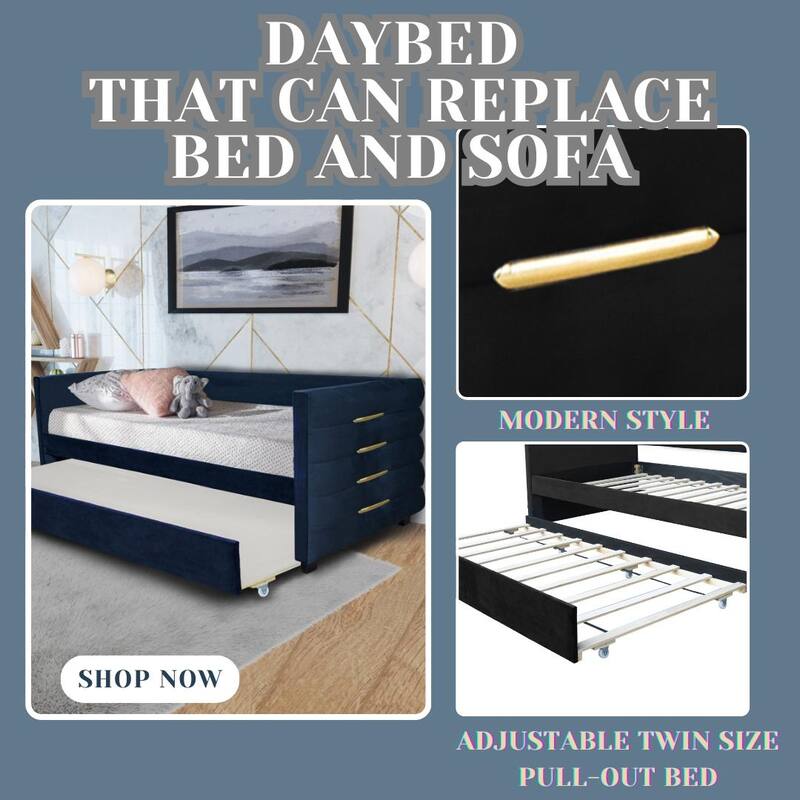 Modern Twin Daybed with Trundle, Velvet Upholstery, Gold Iron Accent, and Wooden Frame, No Box Spring Needed