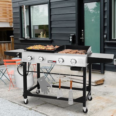 Royal Gourmet 4-Burner Portable Flat Top Gas Grill and Griddle Combo with Folding Legs, Black & Silver