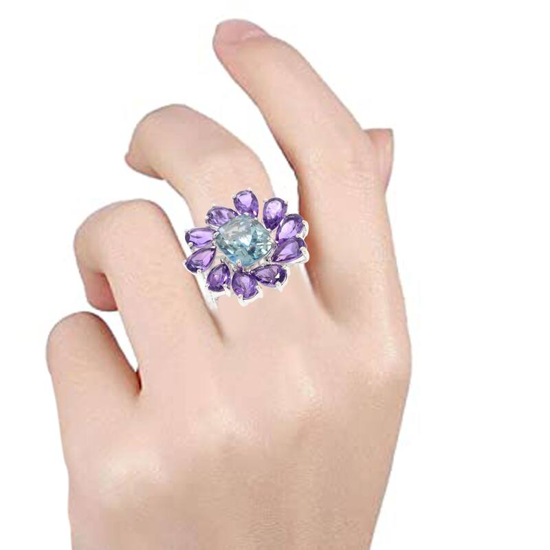 925 Sterling Silver Aqua Quartz and African Amethyst Ring