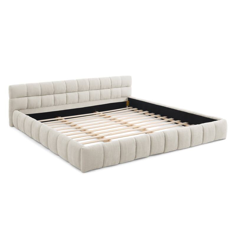 California King Size Chenille Fabric Bed Frame, Upholstered Grounded Platform Bed with Headboard, No Box Spring Needed