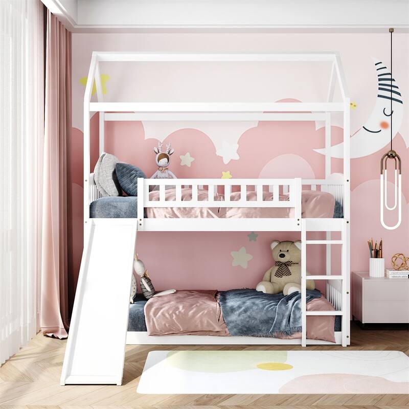 Merax House Twin over Twin Bunk Bed with Slide for Kids