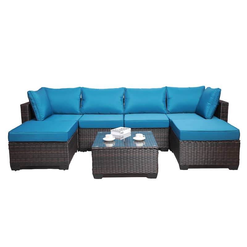 Outdoor Garden Patio Furniture 7-Piece PE Rattan Wicker Cushioned Sofa Sets with 2 Pillows and Coffee Table