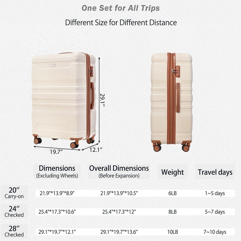 3PCS Luggage Sets Expandable ABS Suitcase with TSA Lock(20"/24"/28")
