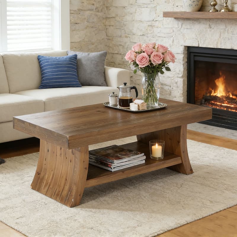 Farmhouse Coffee Table with Storage Shelf, Walnut - Walnut