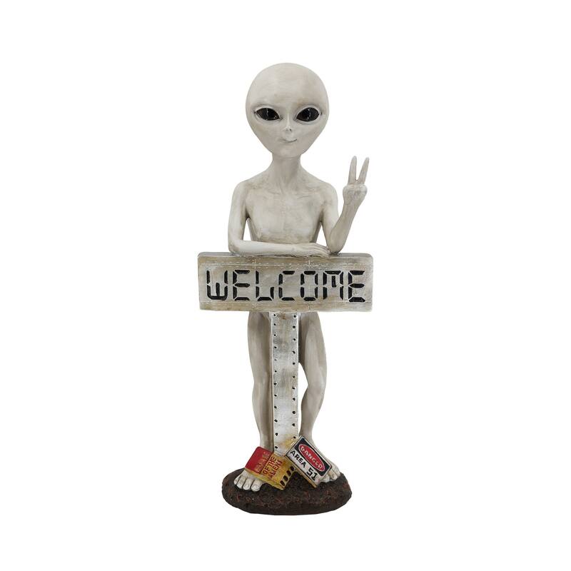 Alien with Welcome Sign Outdoor Garden Statue - 17"