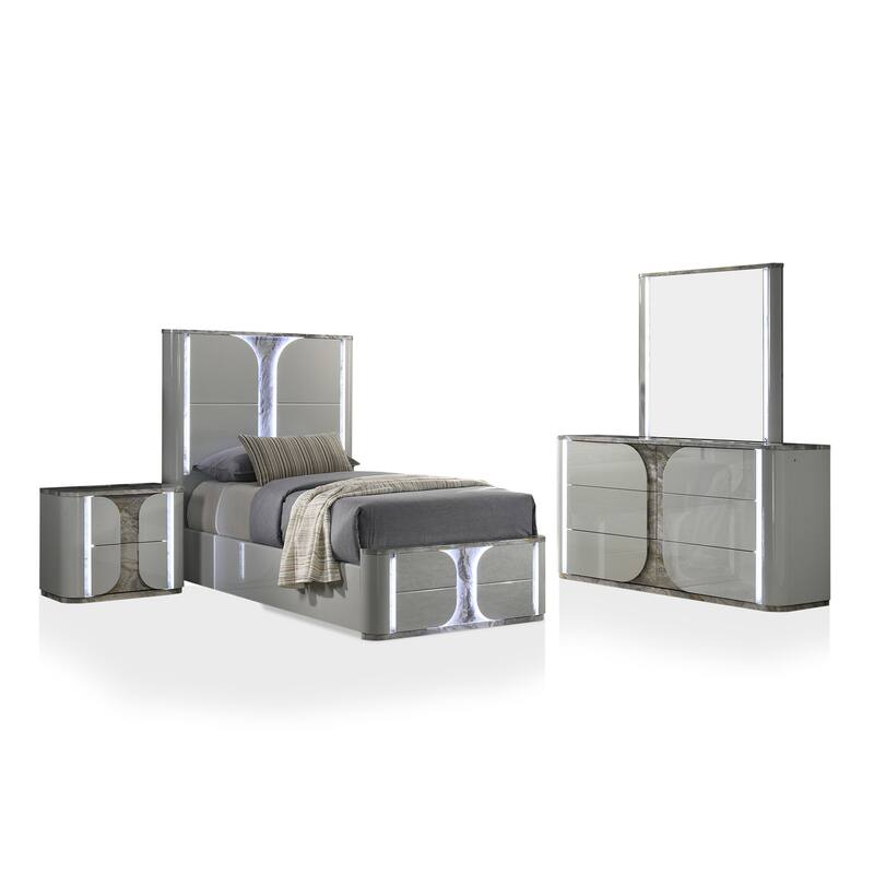 Furniture of America Sherri Modern 4-Piece Light Grey Solid Wood Kids Platform Bedroom Set with LED