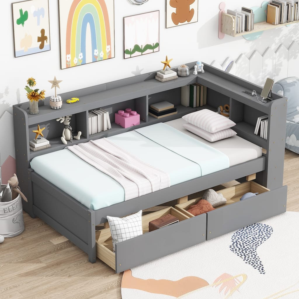 Twin Size L-Shaped Bookcase Bed with USB Charging Ports, Power Outlets & Storage Drawers, Grey