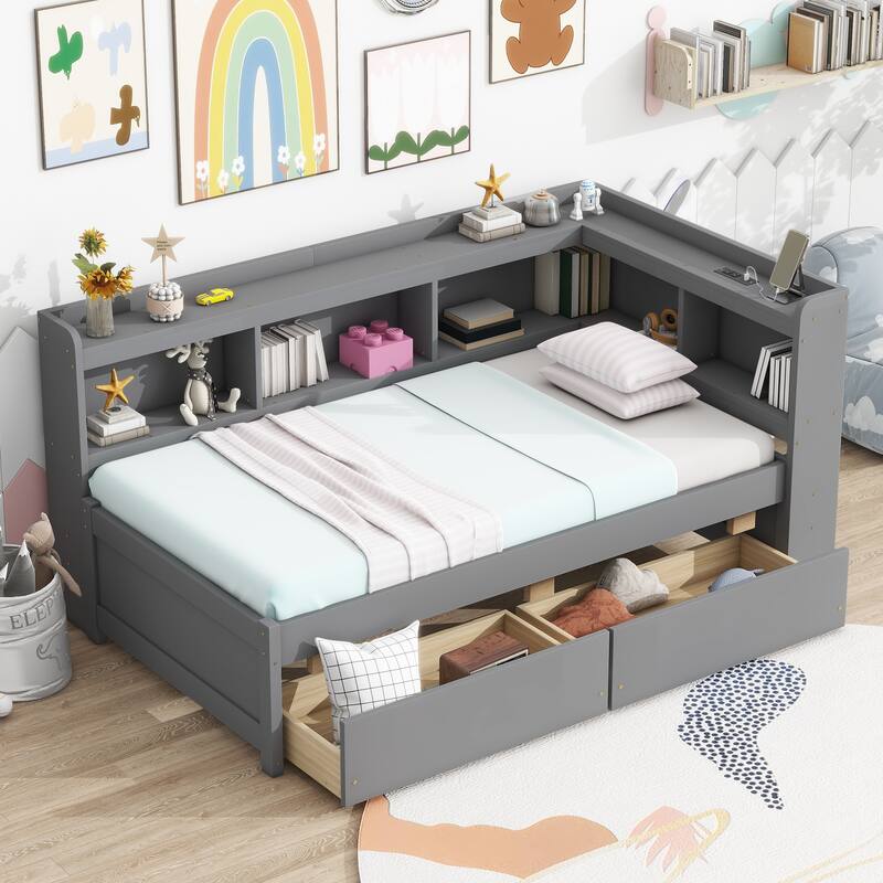 Twin Size L-shaped Bookcases Bed with Power Outlets, USB Charging Ports, 2 Drawers,Espresso