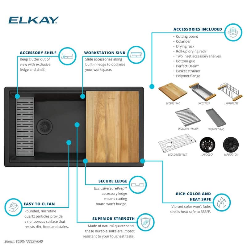 Elkay ELXRU13322W Quartz Luxe 33" Undermount Single Basin Quartz