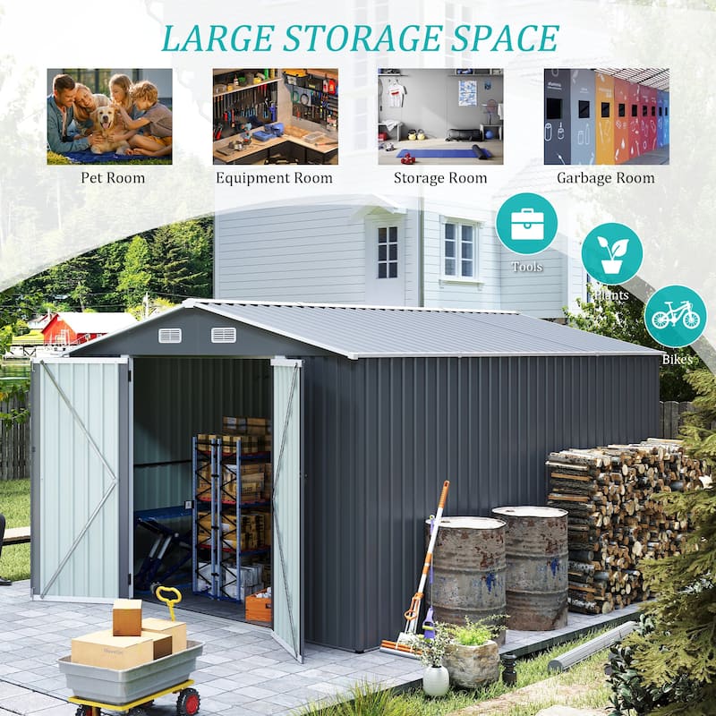 Campcraft Grey Outdoor Metal Storage Shed (9×11 FT) – Utility Tool Shed Equipped With 3 Lockable Doors And 4 Vents. - 9×11 FT