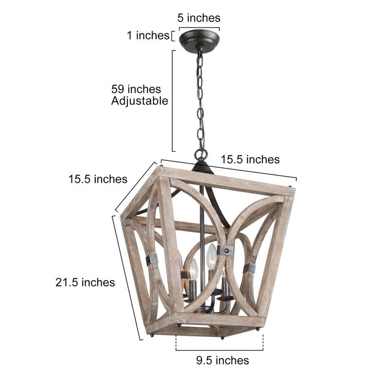 Farmhouse Chandelier for Kitchen/ 4-Light Wooden Pendant Lighting Fixtures over Dining Table - L15.5" xW15.5 "xH21.5"