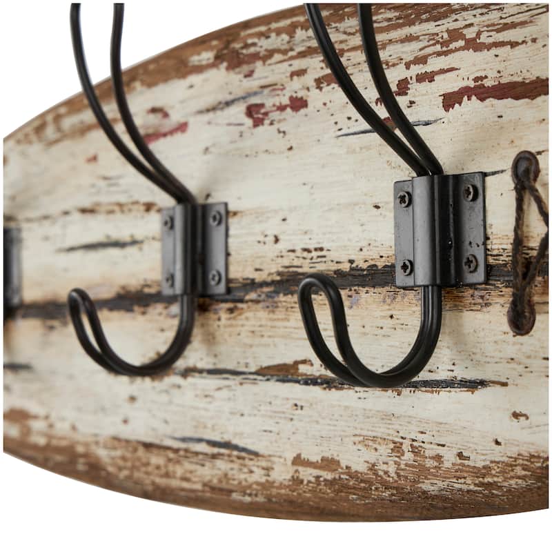 Wood Surfboard Handmade Distressed Fish Shaped 3 Hanger Wall Hook with Metal Accents - Brown - Roche River Decor