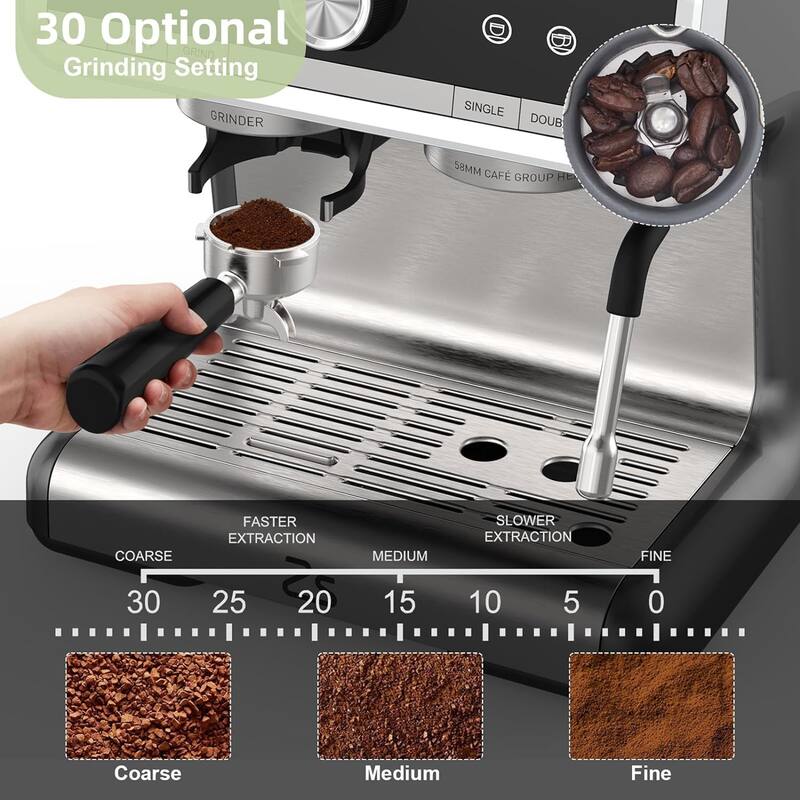 1450W Semi-Automatic Espresso Machine with Built-in Grinder and Milk Frother