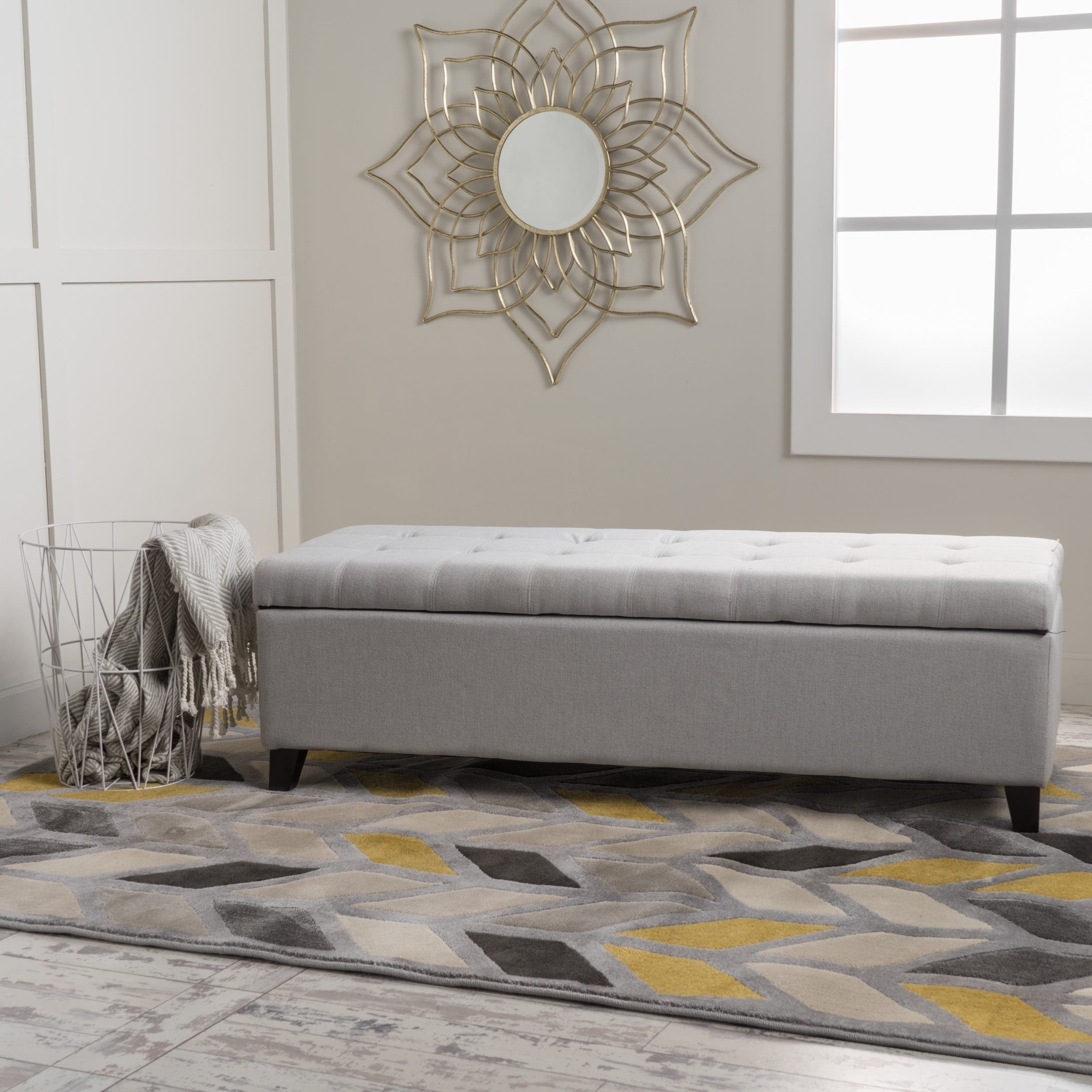 Light Grey Fabric Storage Ottoman with Tufted Stitching, 50.5x18.75x16 inches, 125 lbs Capacity