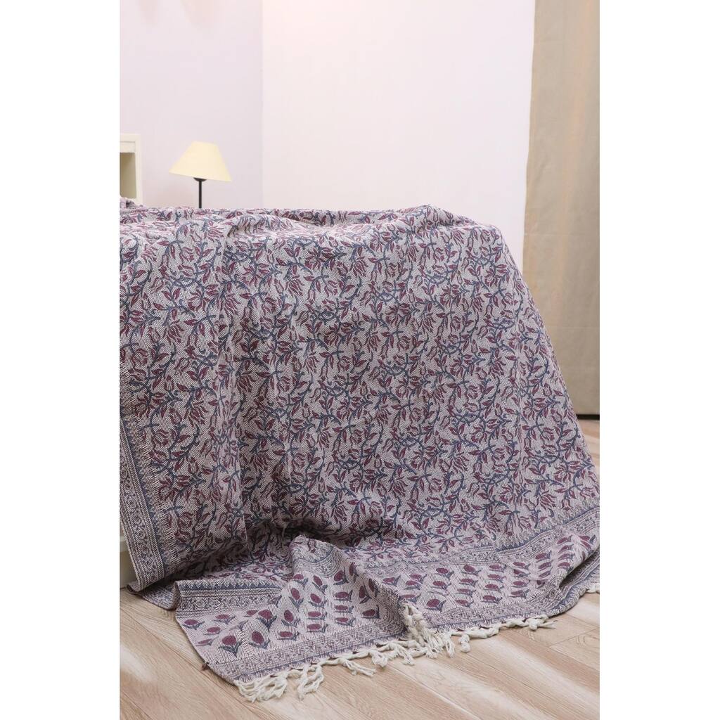 Fabdivine Kamal Dutta Handwoven Cotton Throw Blanket - Floral Block Print, Cozy Sofa & Bed Accent with Natural Fringe, 90"x54"